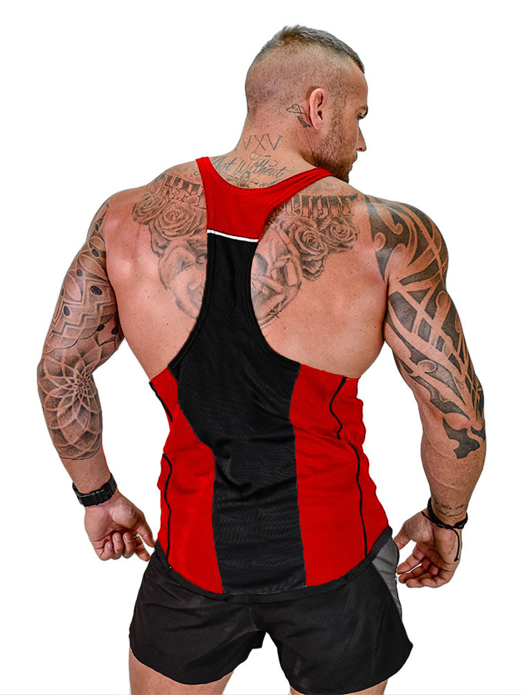 Men's racerback workout tank top with color-block design