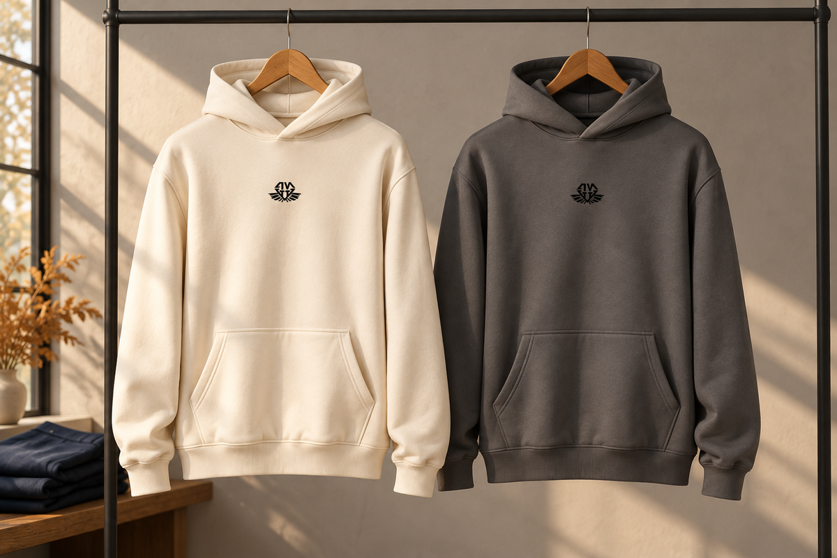 AI-generated editorial illustration of beige and dark gray ANVTT hoodies hanging side by side.