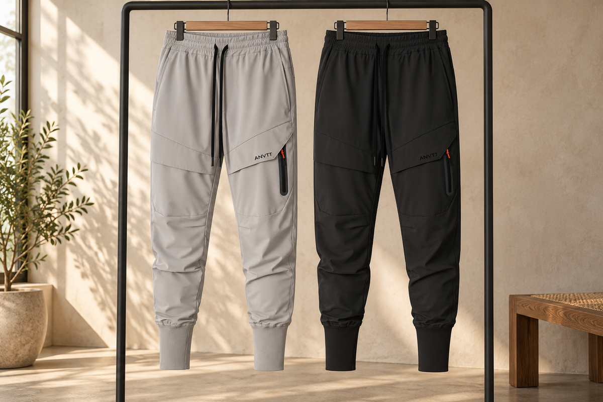 AI-generated comparison of grey and black ANVTT cargo joggers hanging side by side.