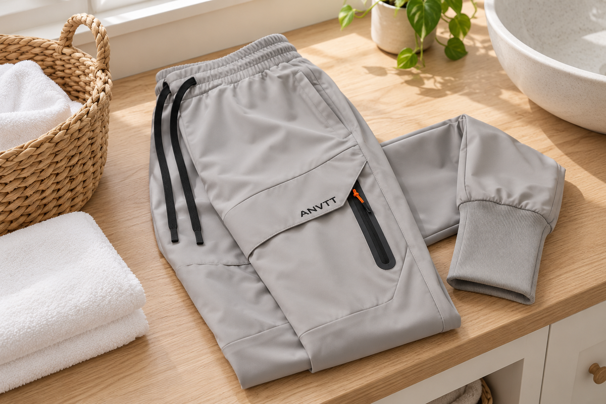 AI-generated garment-care still life of folded grey ANVTT cargo joggers beside a laundry basket and towel.