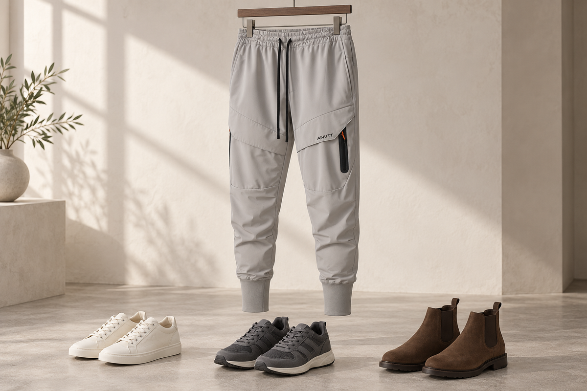 AI-generated editorial still life of grey ANVTT cargo joggers with sneakers, trainers and brown ankle boots.