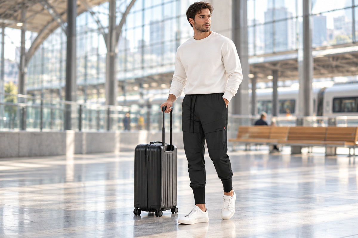 AI-generated illustration of a traveler wearing black ANVTT cargo joggers beside a carry-on suitcase.