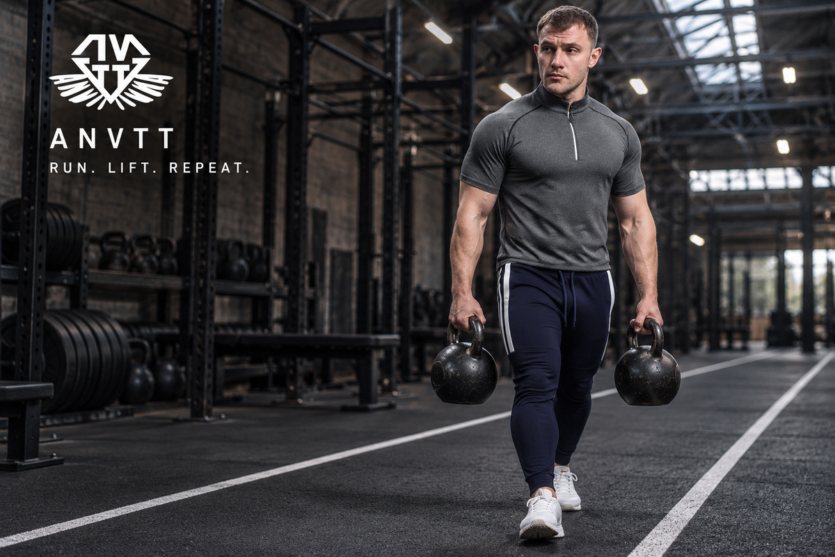 AI-generated ANVTT sports editorial showing an athlete carrying kettlebells in navy training joggers and a gray quarter-zip top.