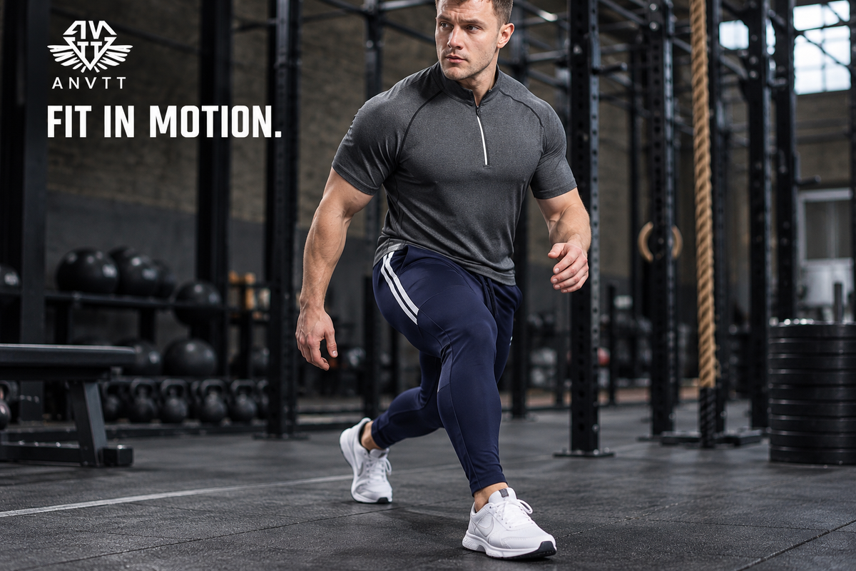 AI-generated ANVTT movement-fit editorial showing navy joggers and a gray quarter-zip in a controlled forward step.
