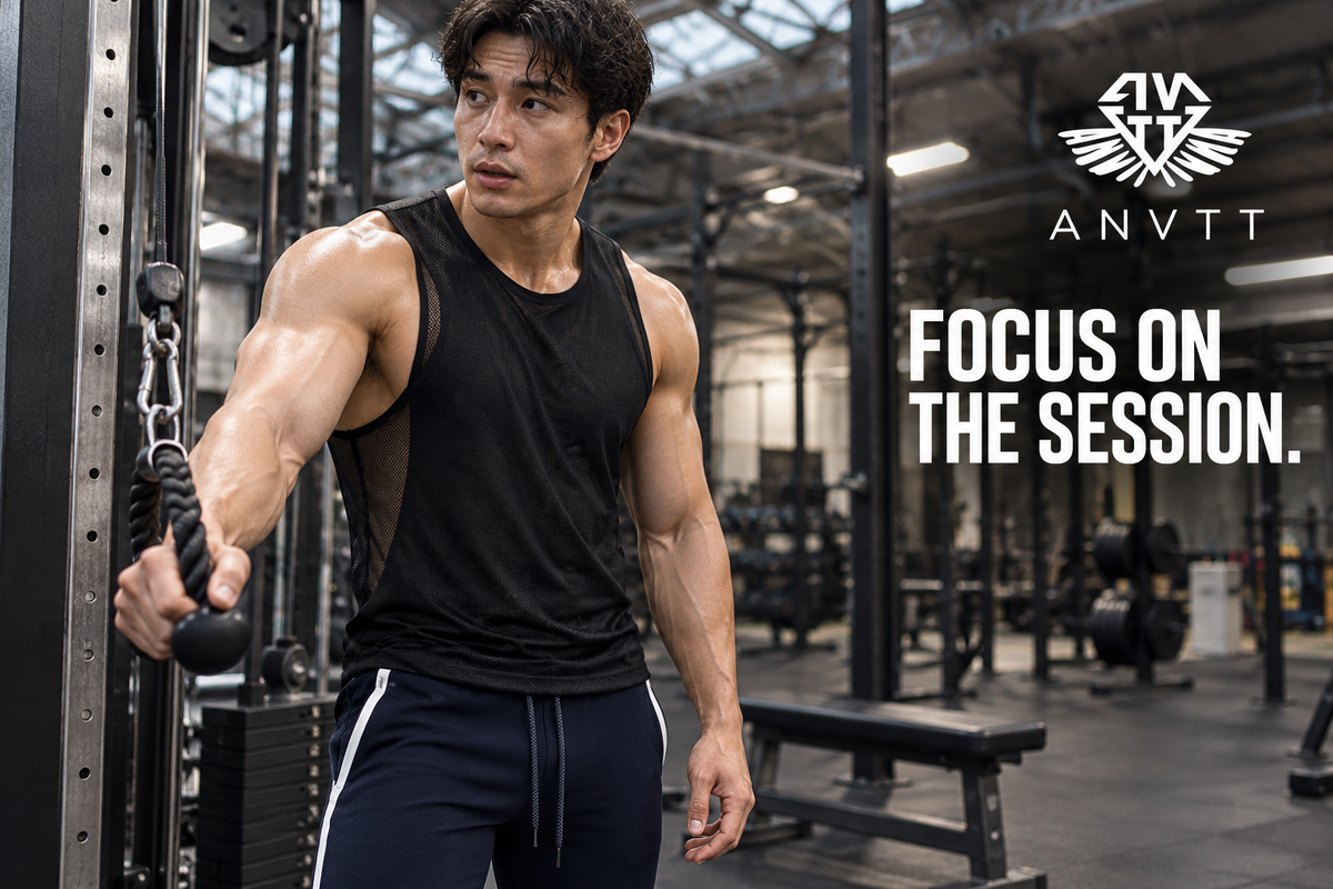 AI-generated ANVTT training editorial showing a black double-layer mesh tank during a gym break.