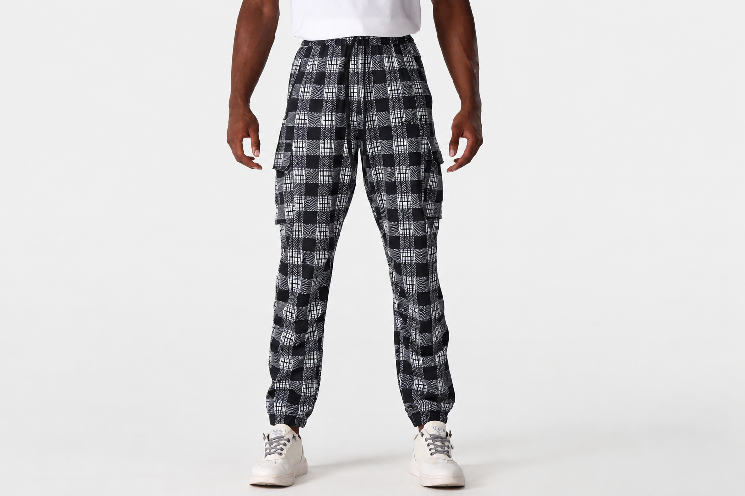 Men's plaid cargo joggers with utility pockets and a tapered fit