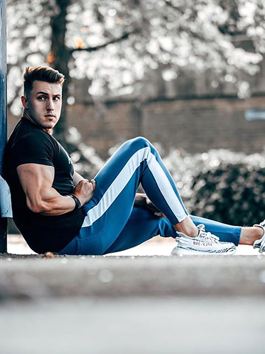 Slim Fit Workout Tracksuit Bottoms with Contrast Side Stripe - ANVTT