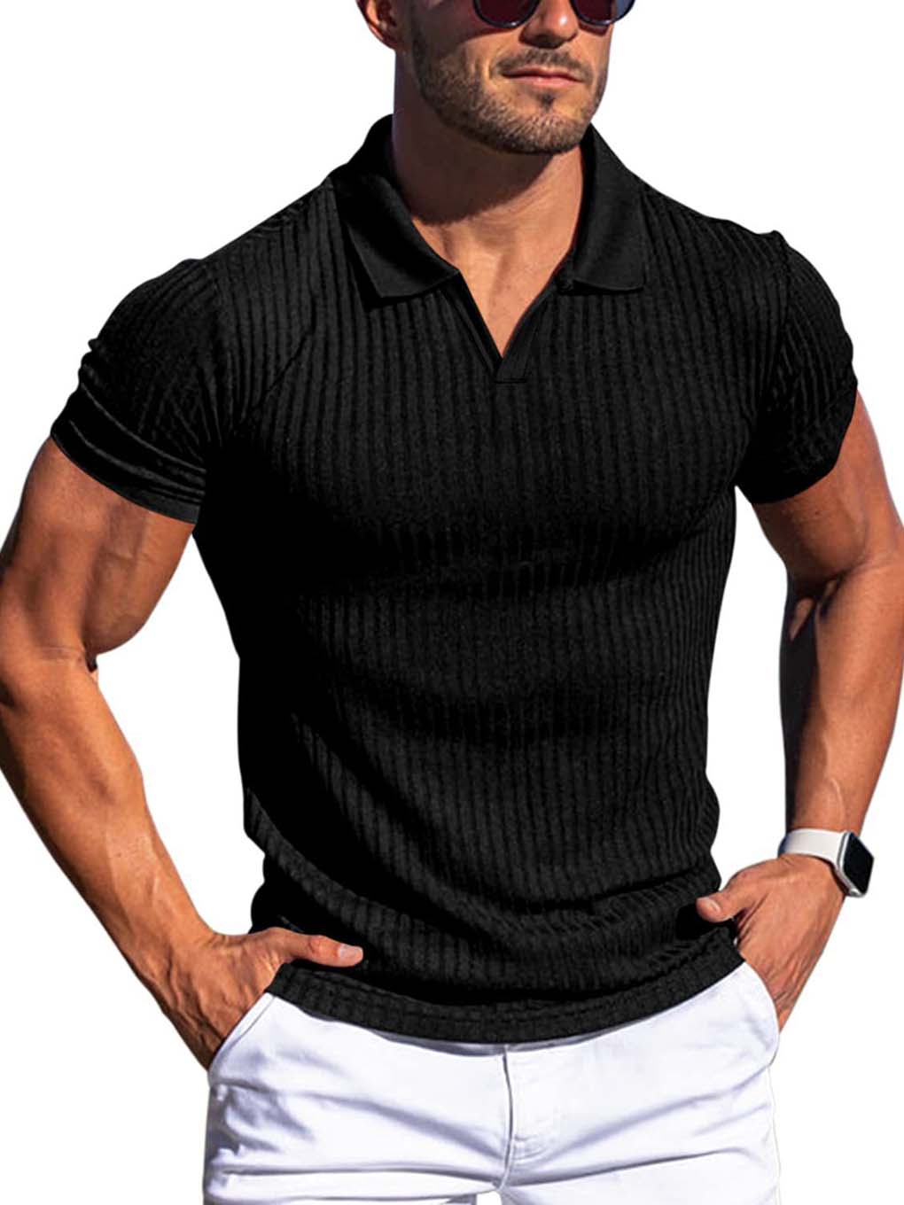 Slimming Vertical Pattern Fitness Polo - ANVTT